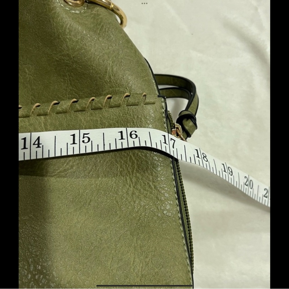 Olive Green Leather Bucket Bag w/ Stylish Zippered Pockets - Picture 11 of 12